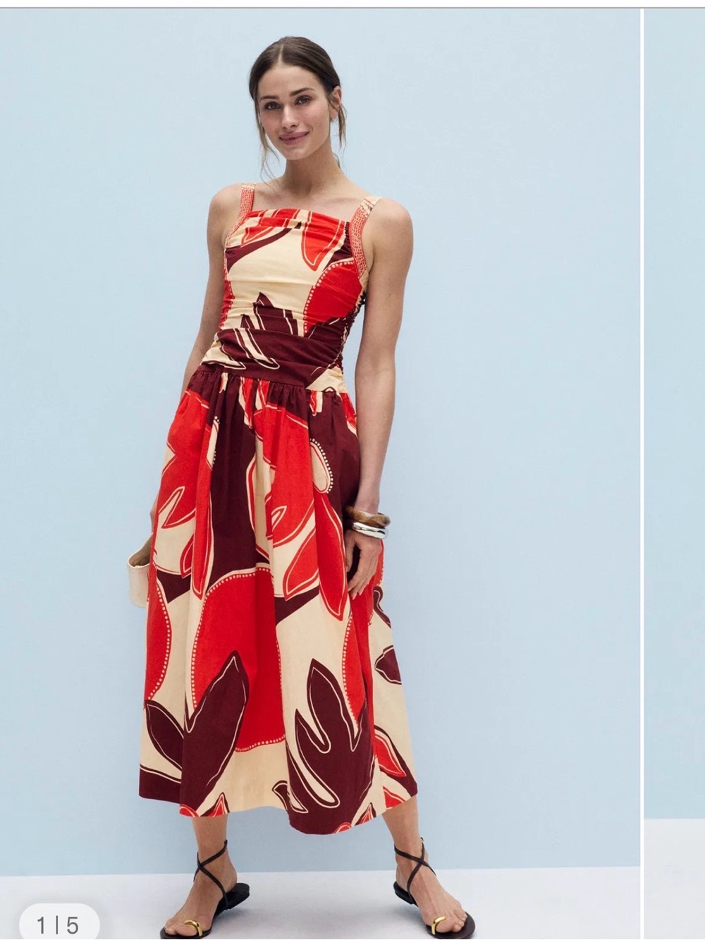 Red & Cream Printed Midi Dress with Adjustable Straps